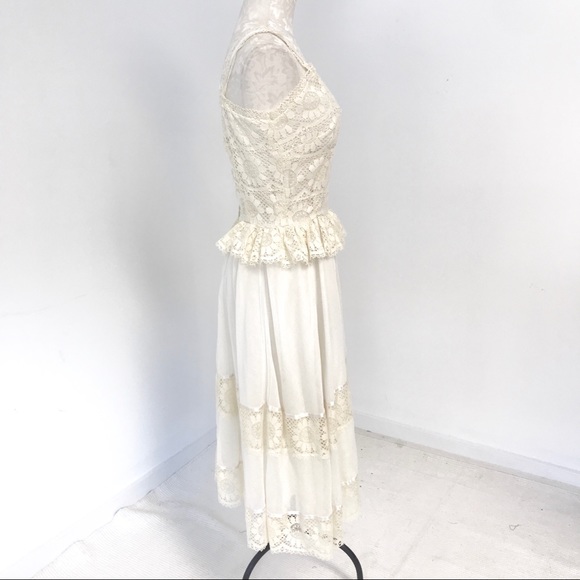 70s Vintage S/M Boho Floral Lace Midi Dress Cream - Picture 4 of 13